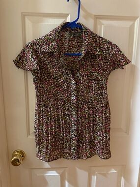 Serenade Pink and Green Short Sleeve Smocked Blouse S